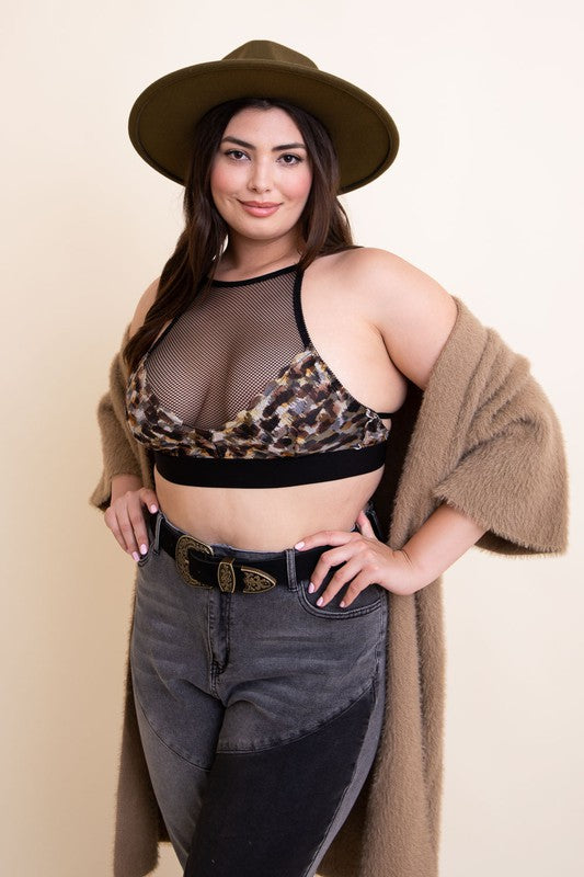 Bralette Plus Size de Malha Estampada com Gola Alta