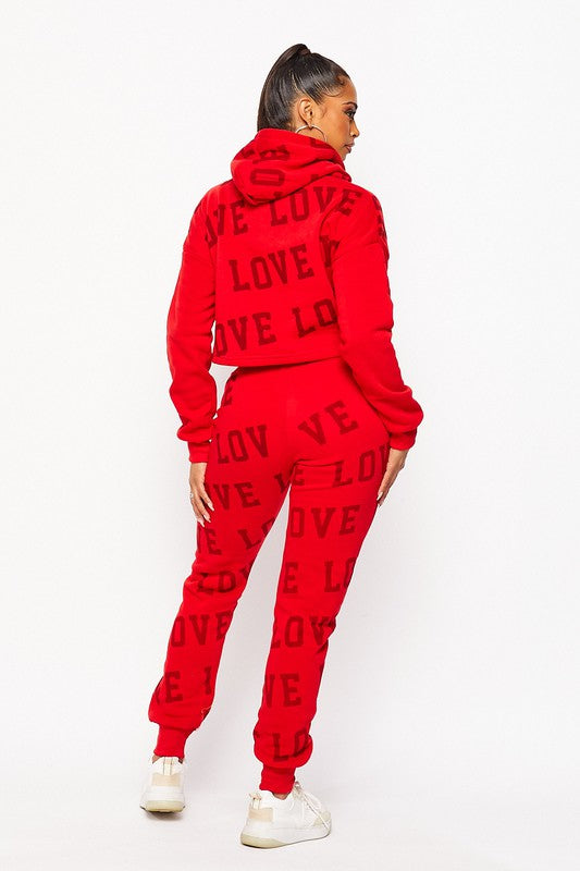 Red "Love" Printed Jogger & Hoodie Set