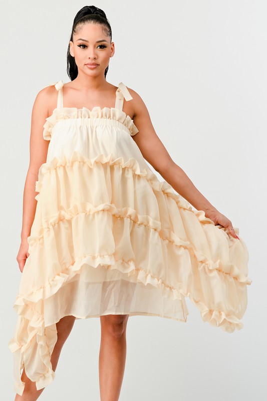 CREAM MULTI LAYER RUFFLE BABYDOLL MINI DRESS