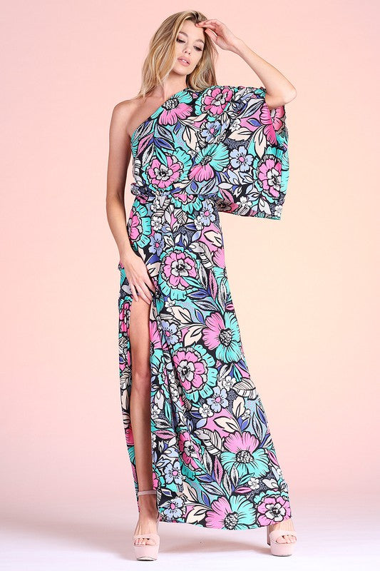 Fantasy Floral Slouchy One Shoulder Maxi Dress