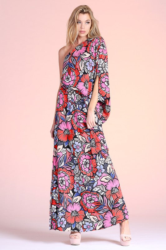 Fantasy Floral Slouchy One Shoulder Maxi Dress