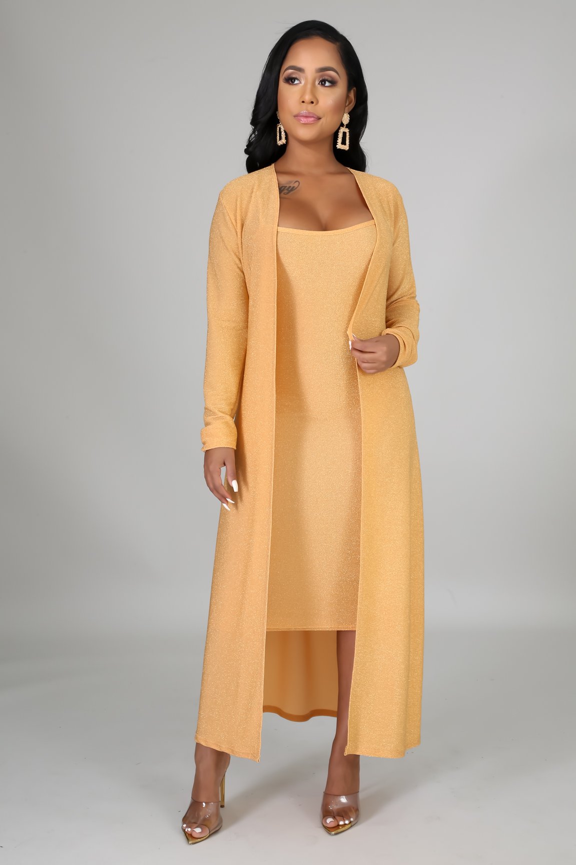 gold midi dress & cardigan set