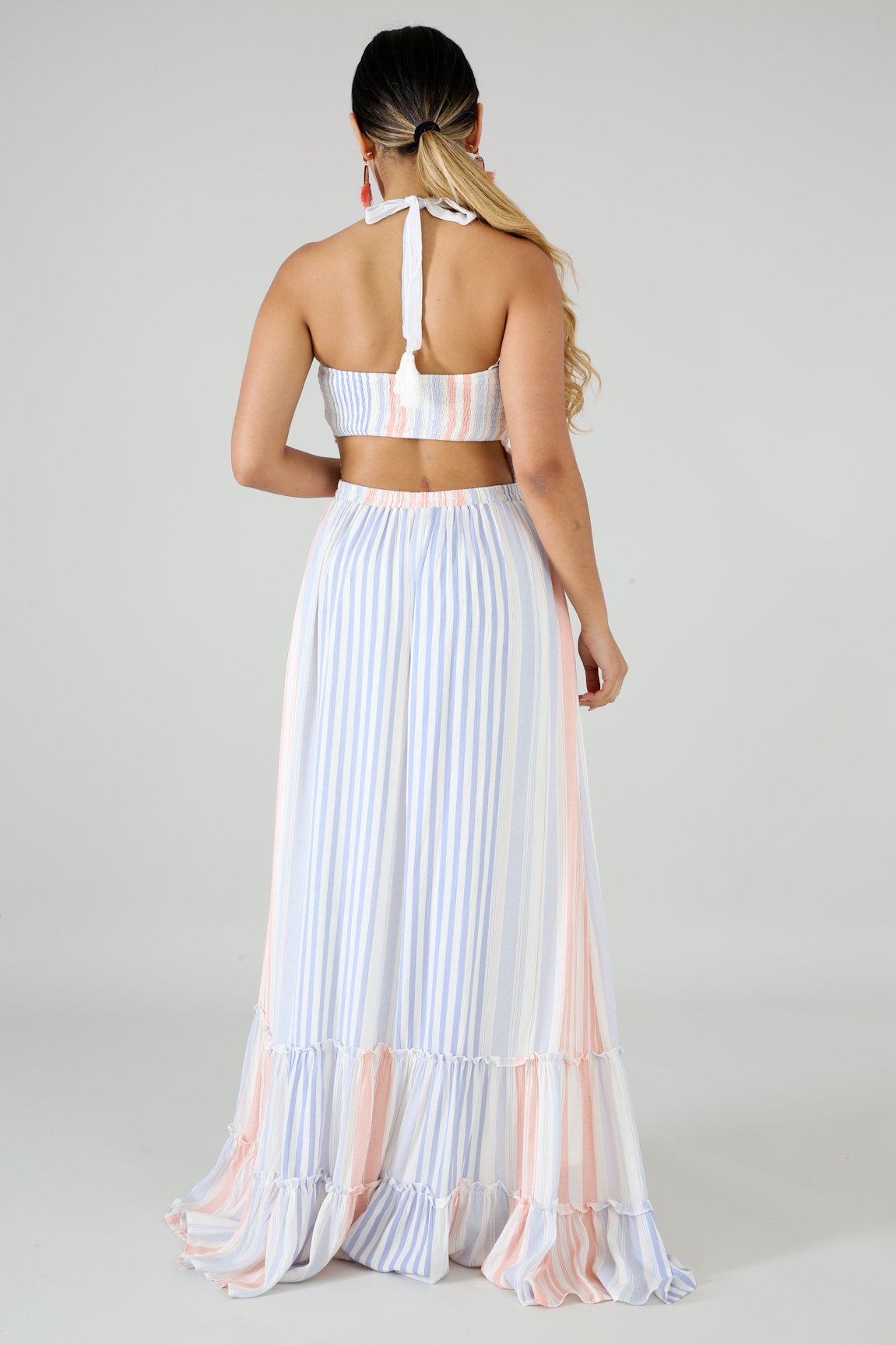 cotton candy striped halter maxi dress