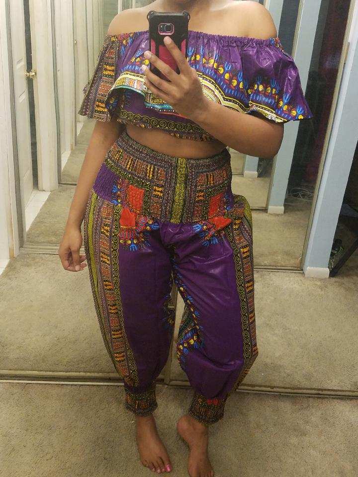 traditional print off shoulder top & genie pants set