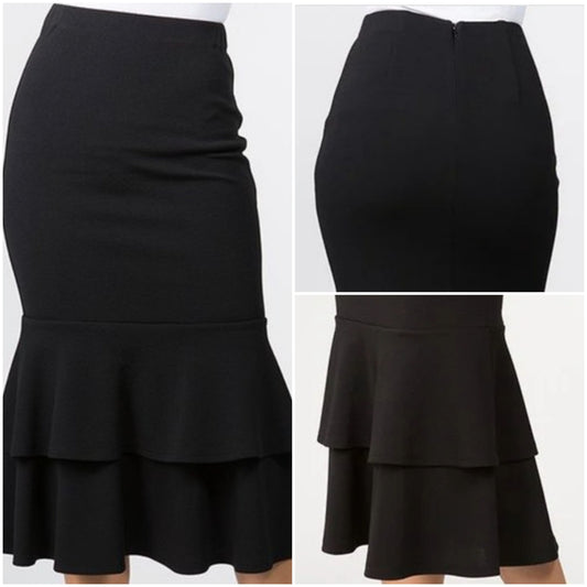 black tiered ruffled mermaid midi skirt