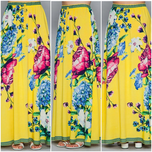yellow floral printed tassel maxi skirt