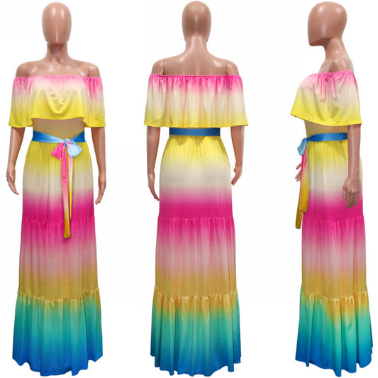 gradient ombre multicolored off shoulder tiered maxi dress