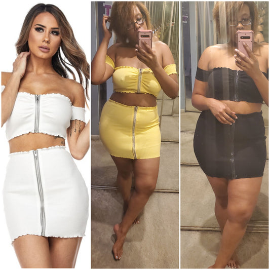 zipped up mini skirt & cropped off shoulder top set