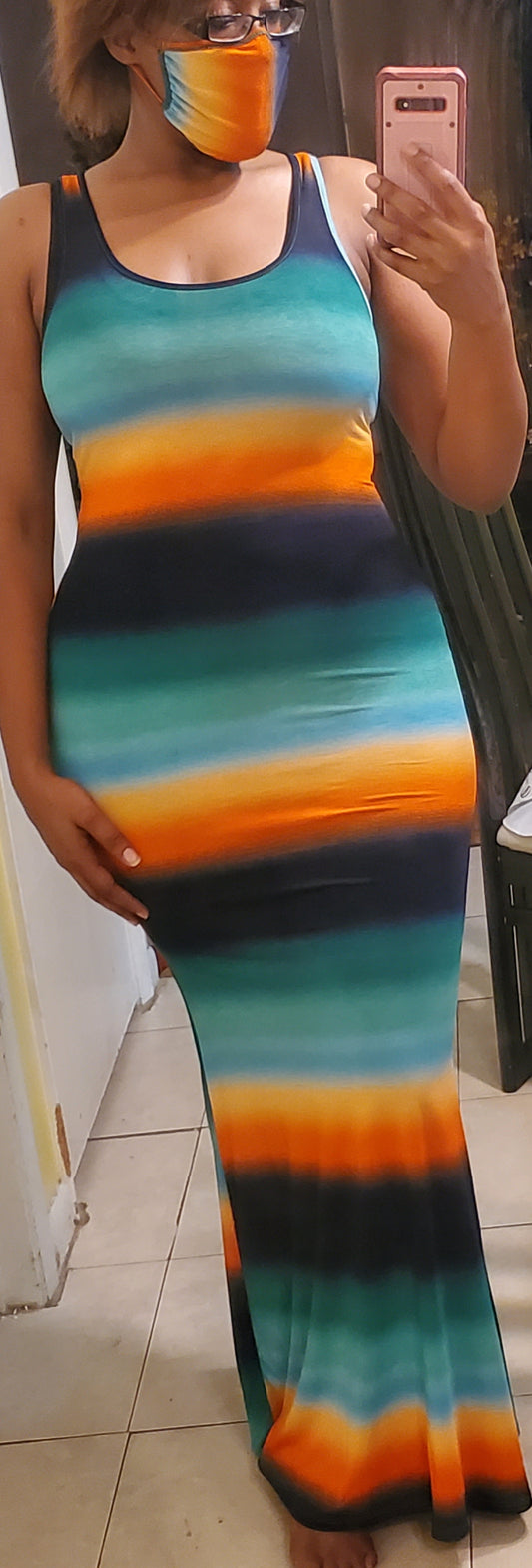 multicolor striped maxi dress with matching face mask