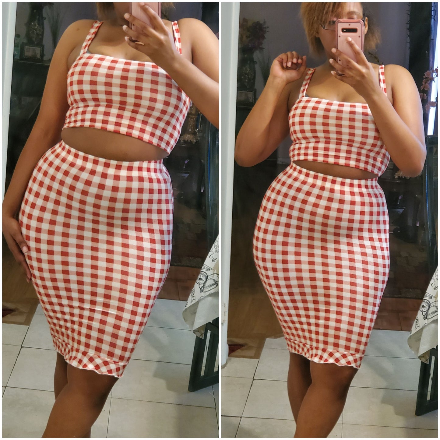 rust colored gingham cropped top & skirt set