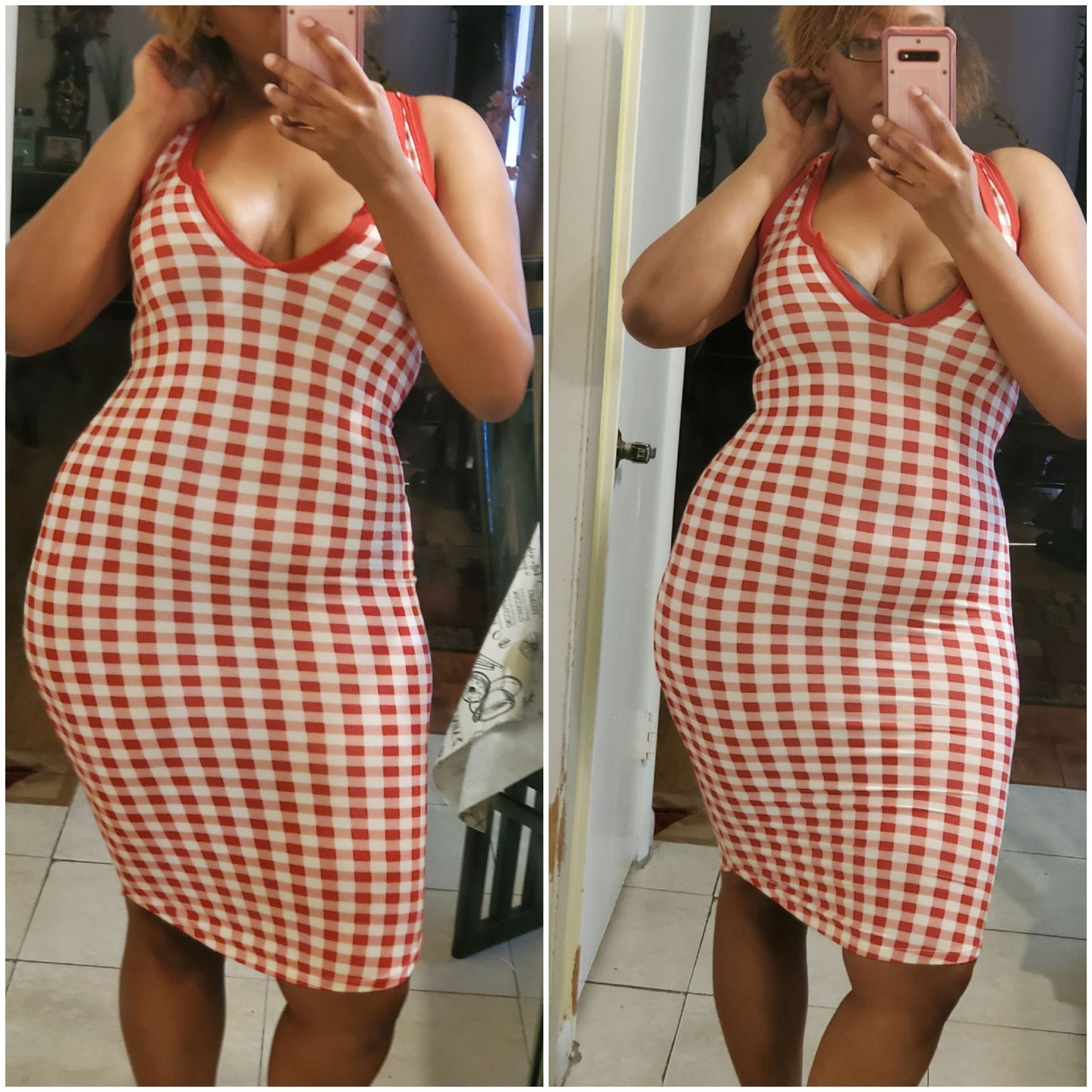 red gingham striped split neck dress
