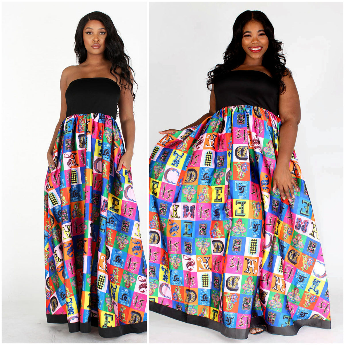 black & multicolor multiprint tube maxi dress