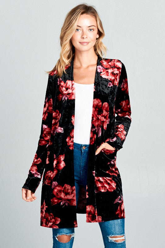 Red & Black Floral Velvet Cardigan