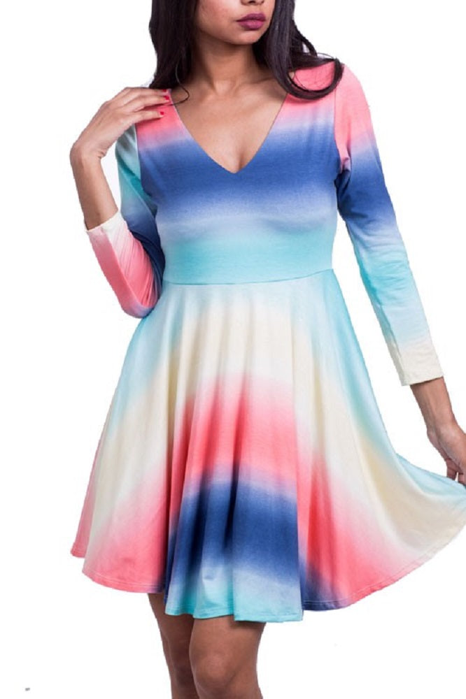 yellow, mint, & coral tie dye multi ombre flare mini dress
