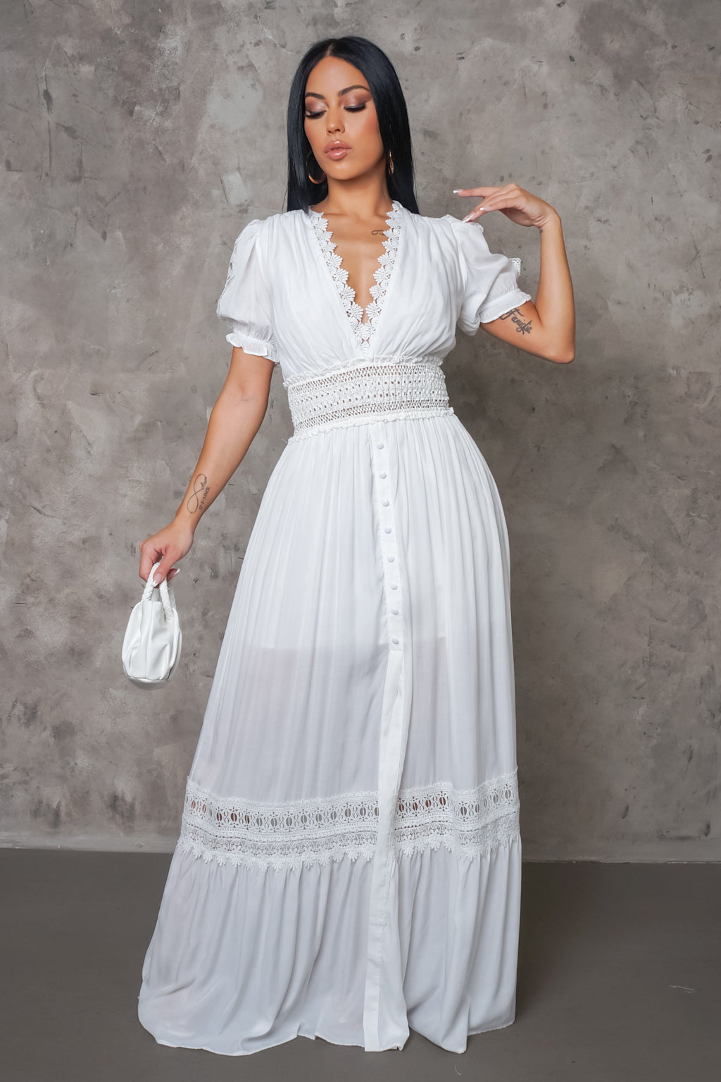 Vestido Longo de Crochê Manga Curta