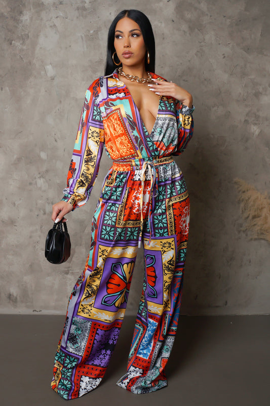 Graphic Prints Drawstring Wide Leg Jumpsuit