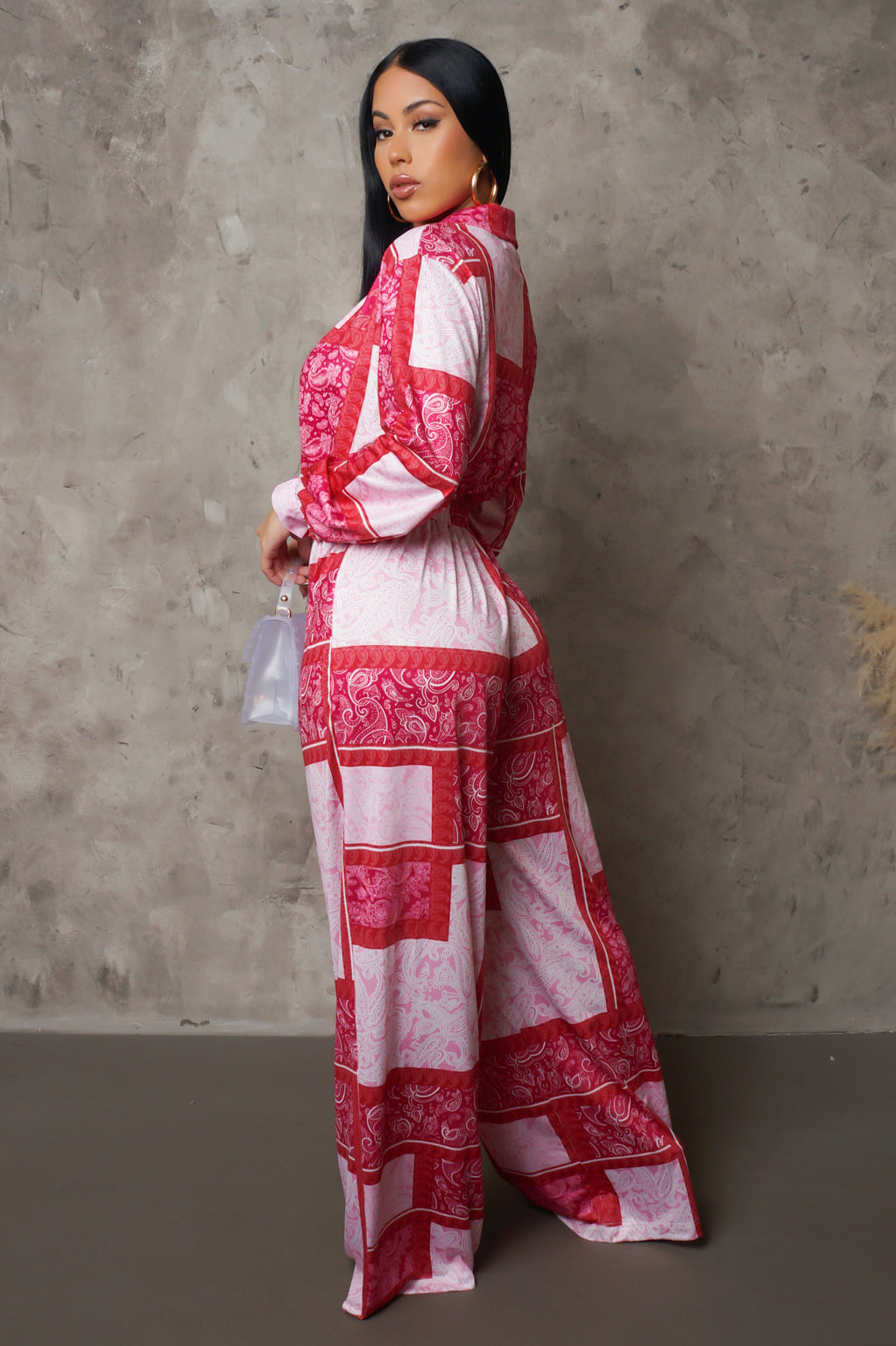 Multi-Red Drawstring Wide Leg Jumpsuit