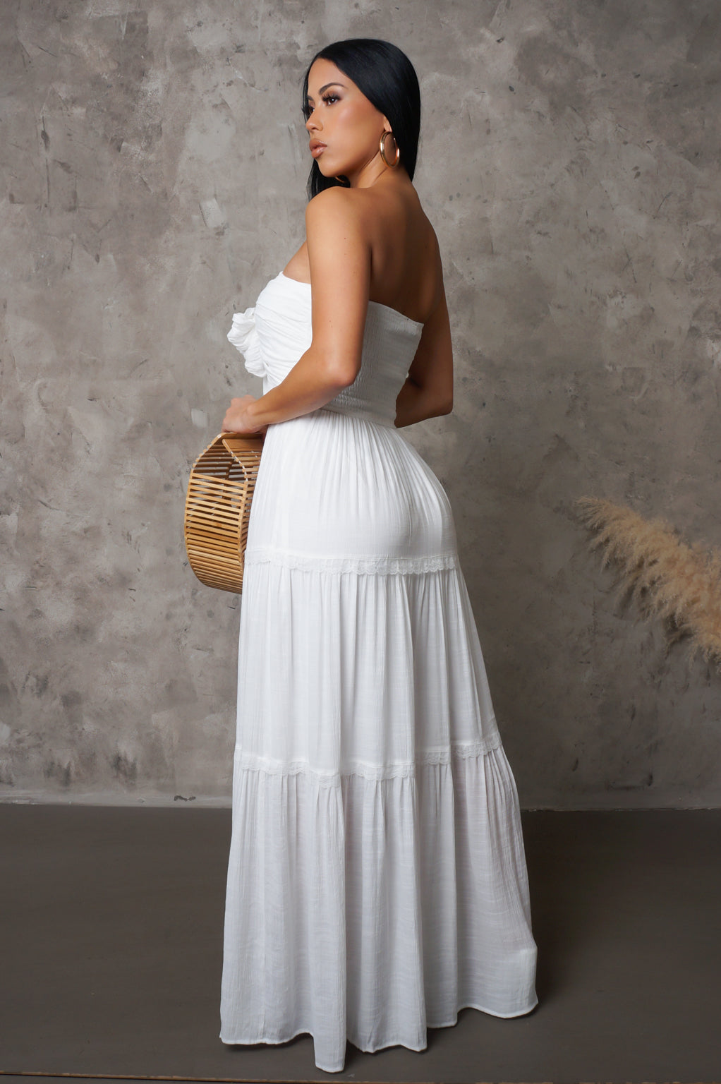 White Tube Smocked Tiered Maxi Dress