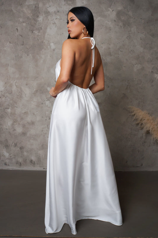 White High Neck Halter High Low Maxi Dress