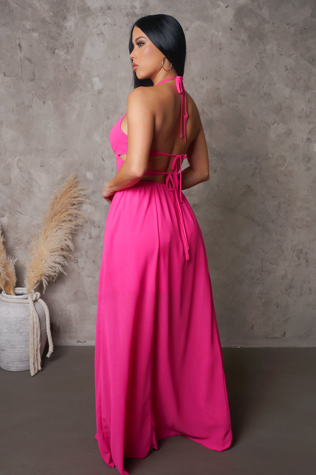 Beach Resort Fuchsia Halter Neck Double Slit Maxi Dress