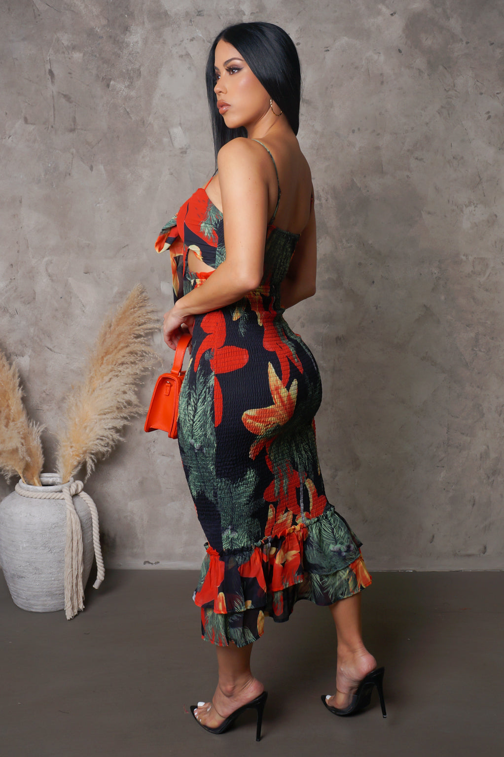 Vestido Midi Estampado Floral Coqueiros com Babados na Barra
