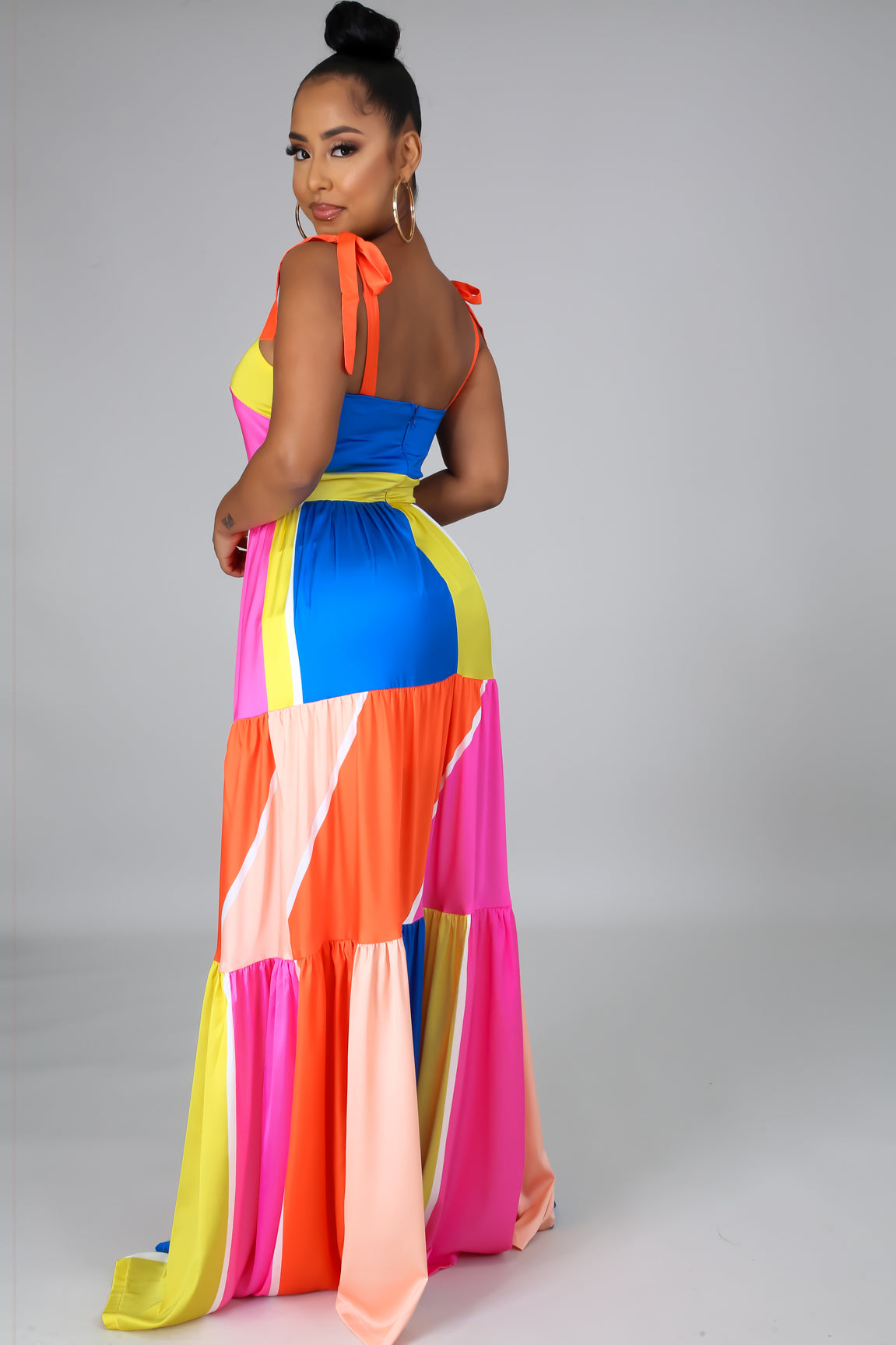 multicolored patched ribbon tiered maxi dress