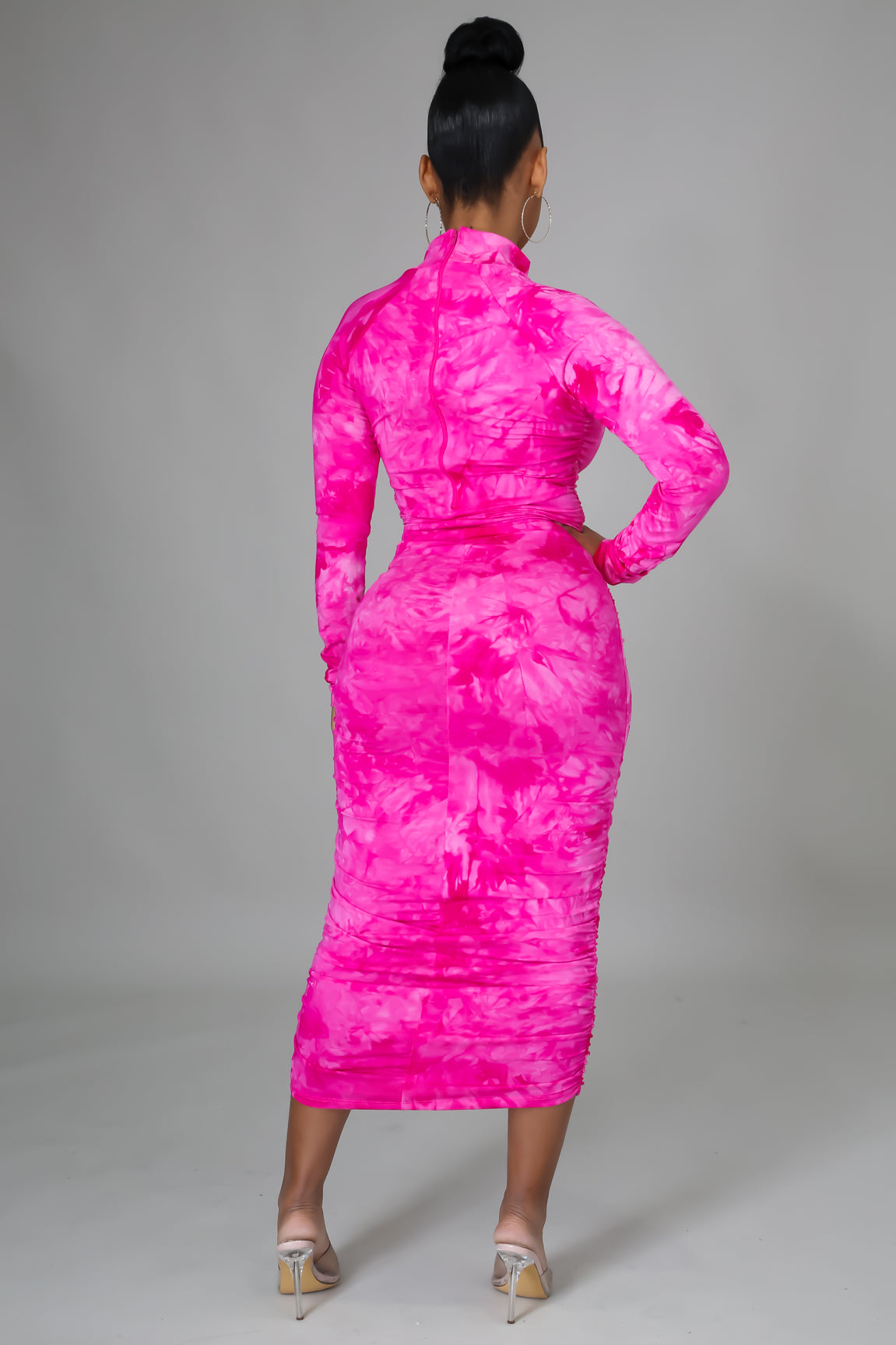 fuchsia mock neck ruched tie dye midi dress