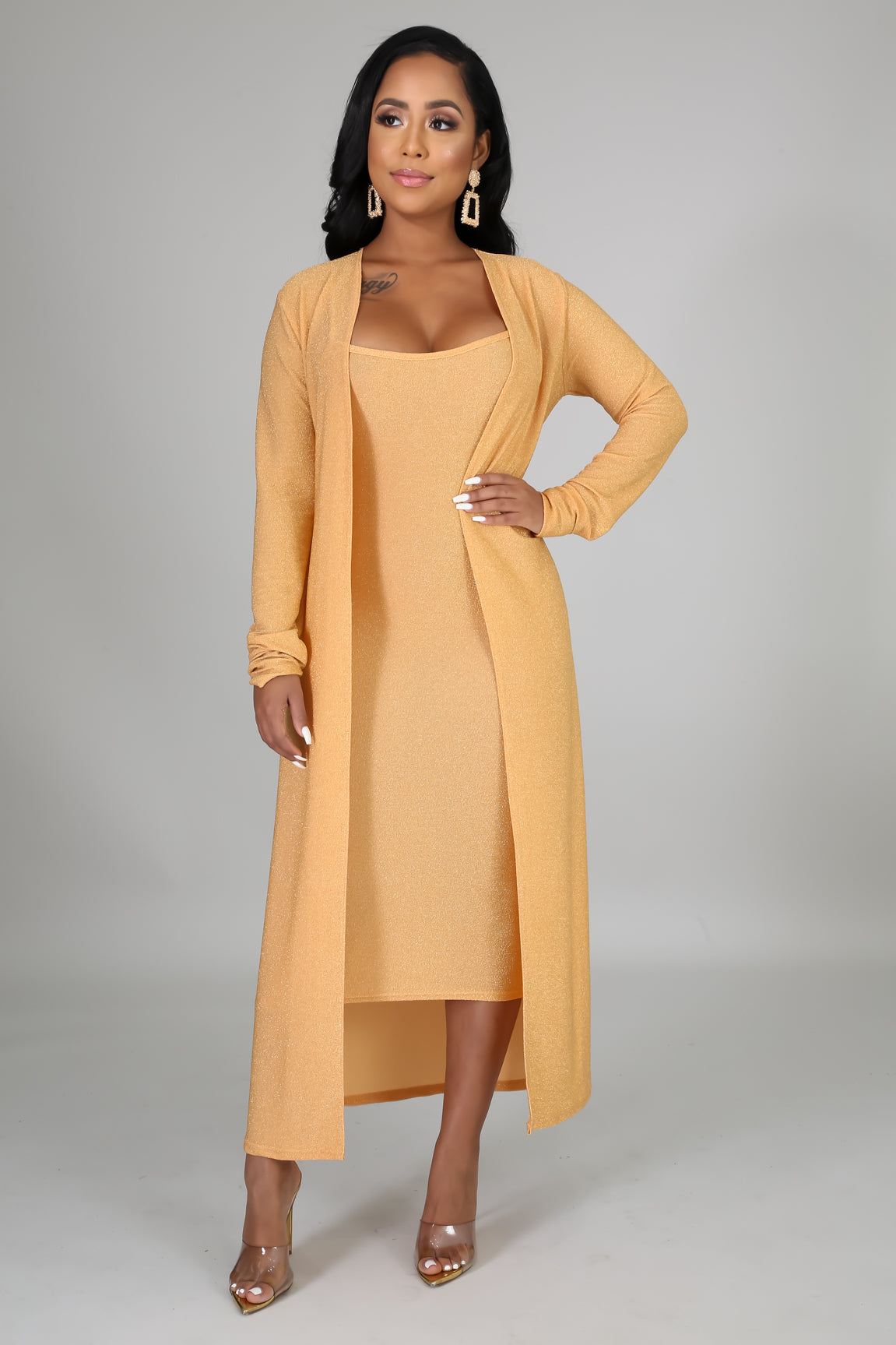 gold midi dress & cardigan set
