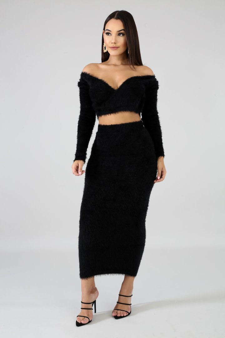 fuzzy wuzzy cozy midi skirt & cropped long sleeve set