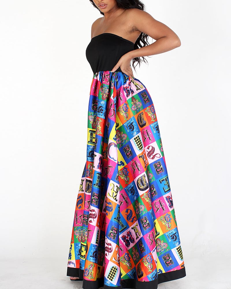 black & multicolor multiprint tube maxi dress