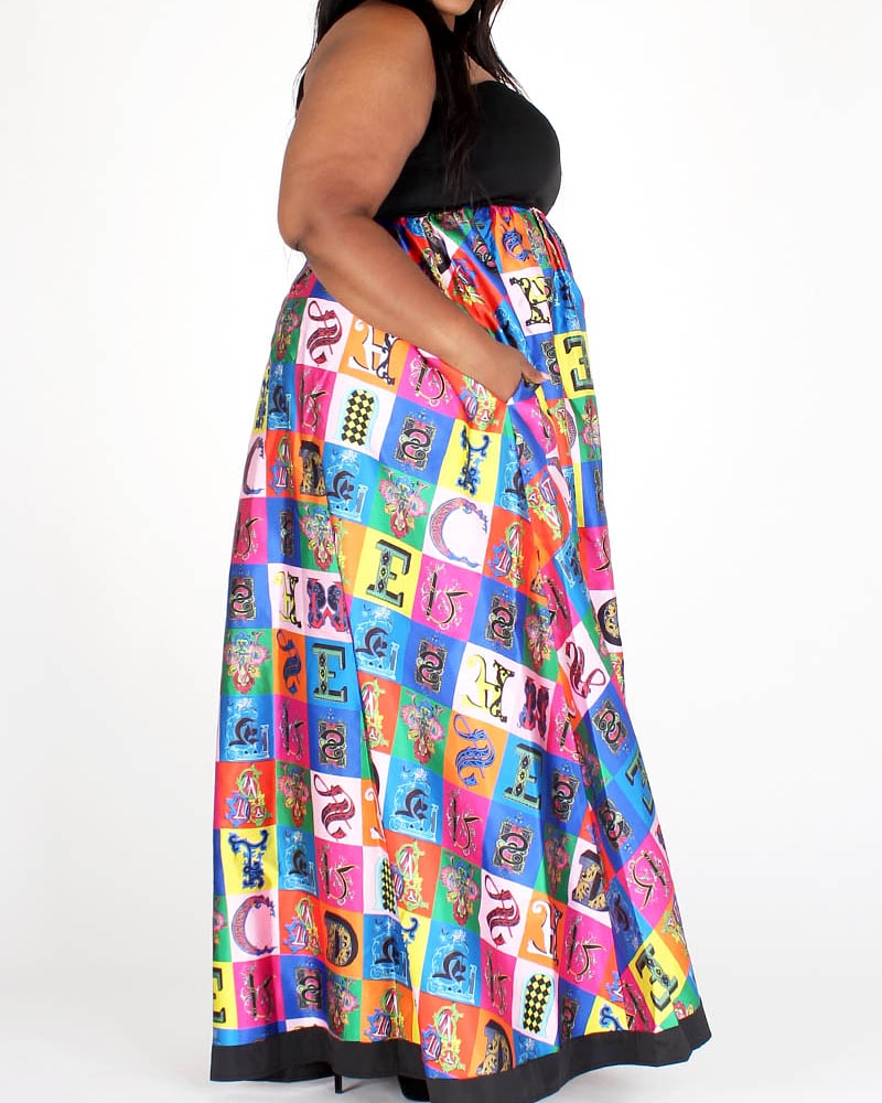 black & multicolor multiprint tube maxi dress