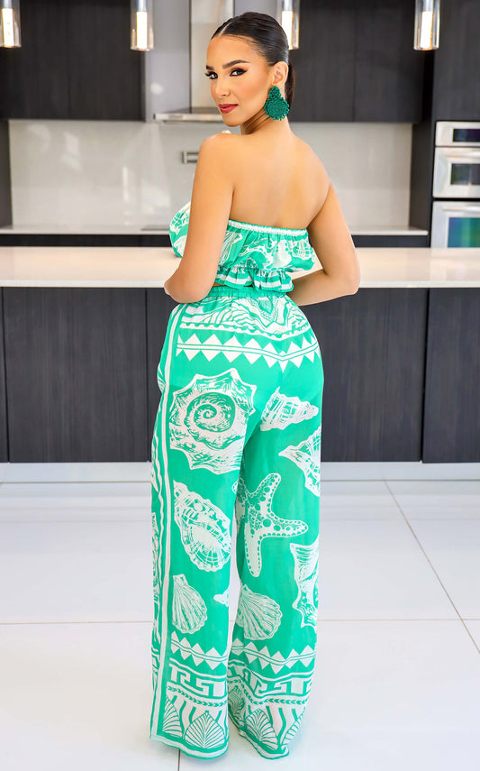Green & White Pants & Tube Top Vacation Set