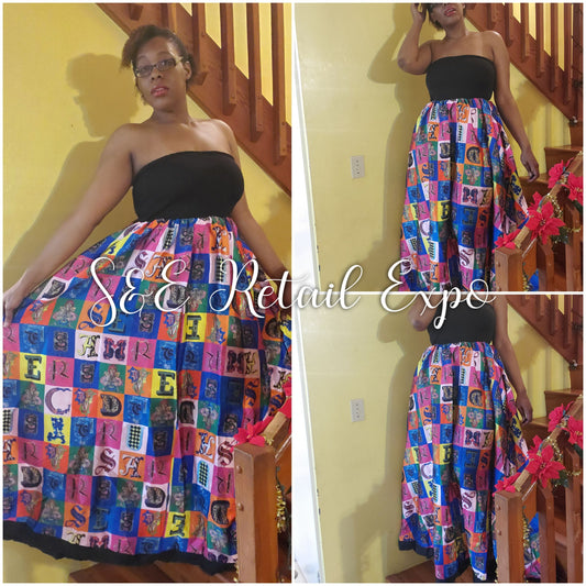 black & multicolor multiprint tube maxi dress