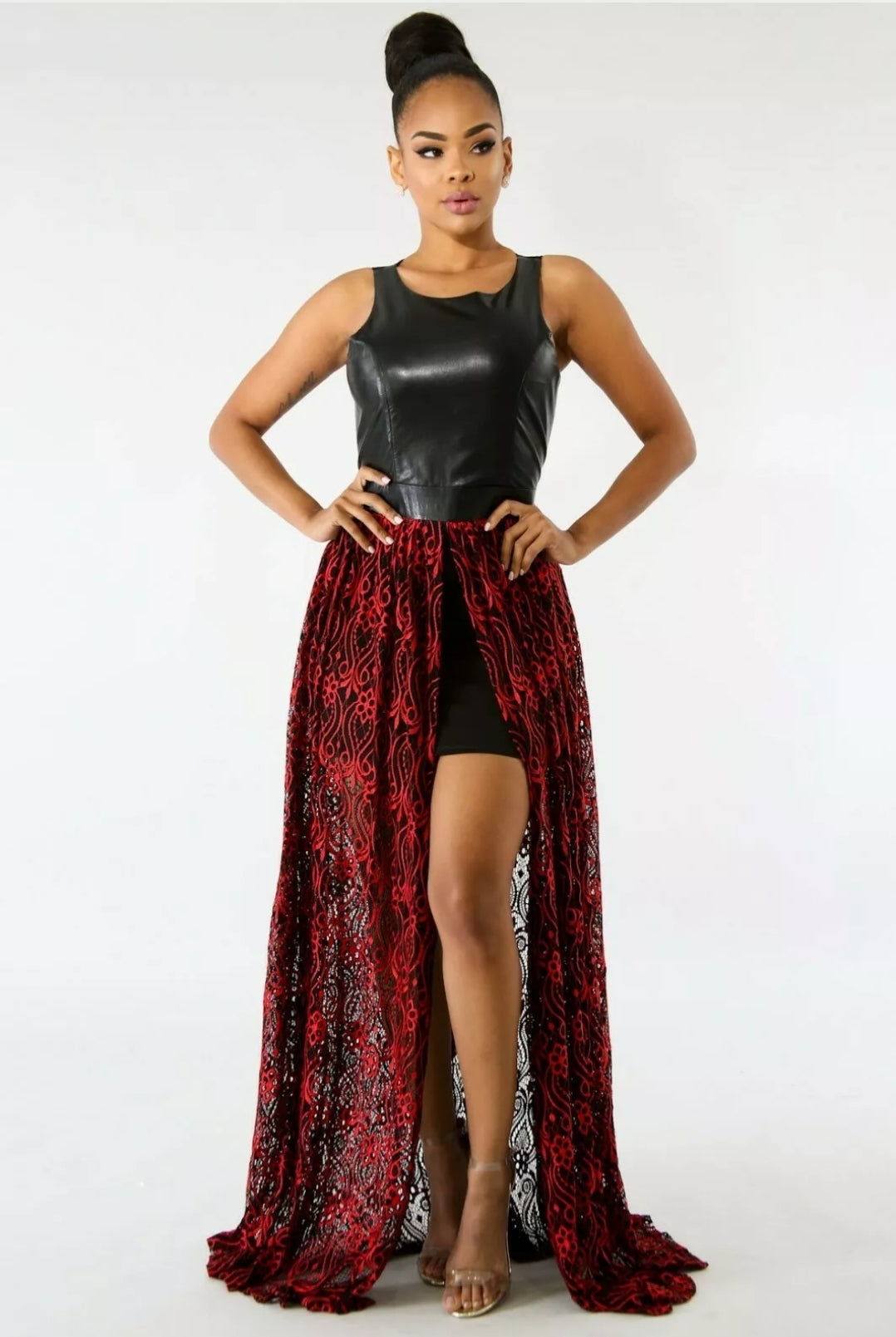 black & red leatherette maxi dress