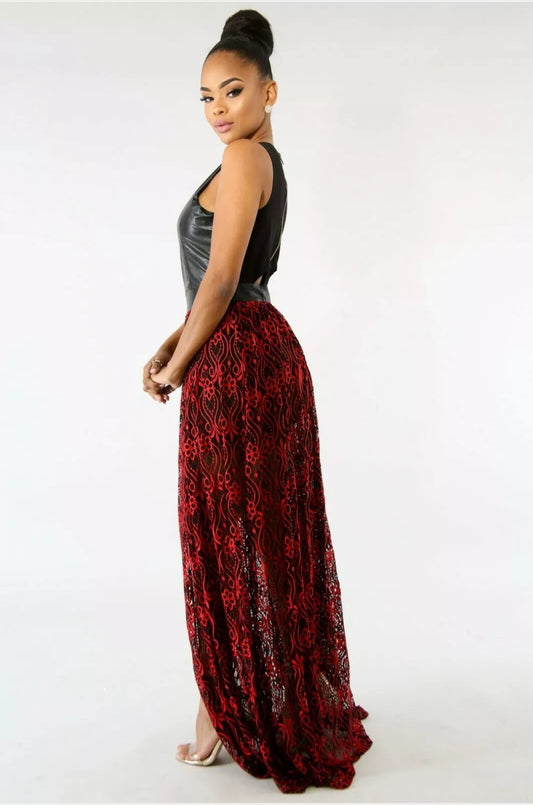black & red leatherette maxi dress