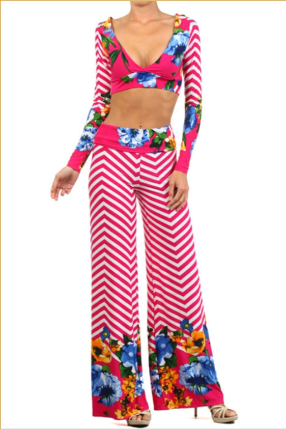 sexy diva chevron & floral print wide leg pants (free top)