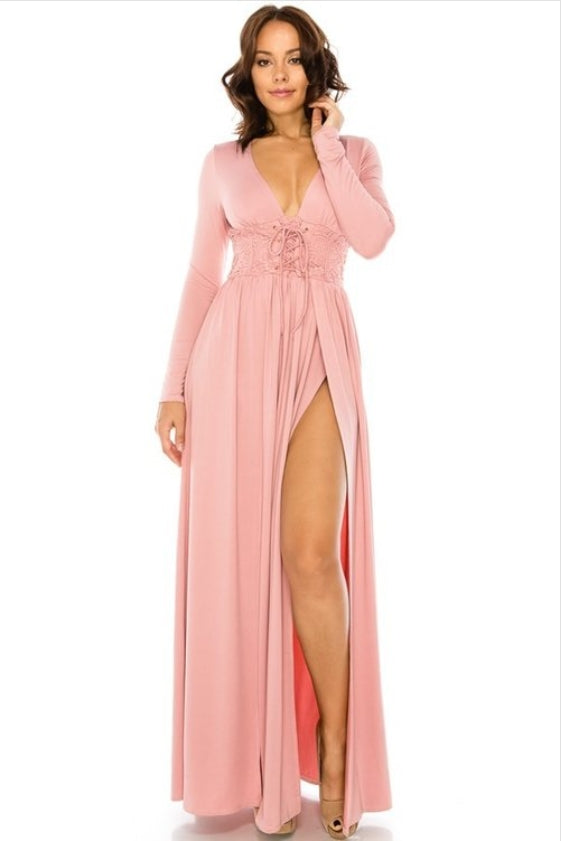 double slit mauve laced front maxi dress