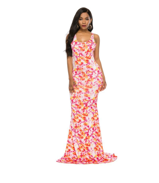 tie dye low back fish tailed maxi dress