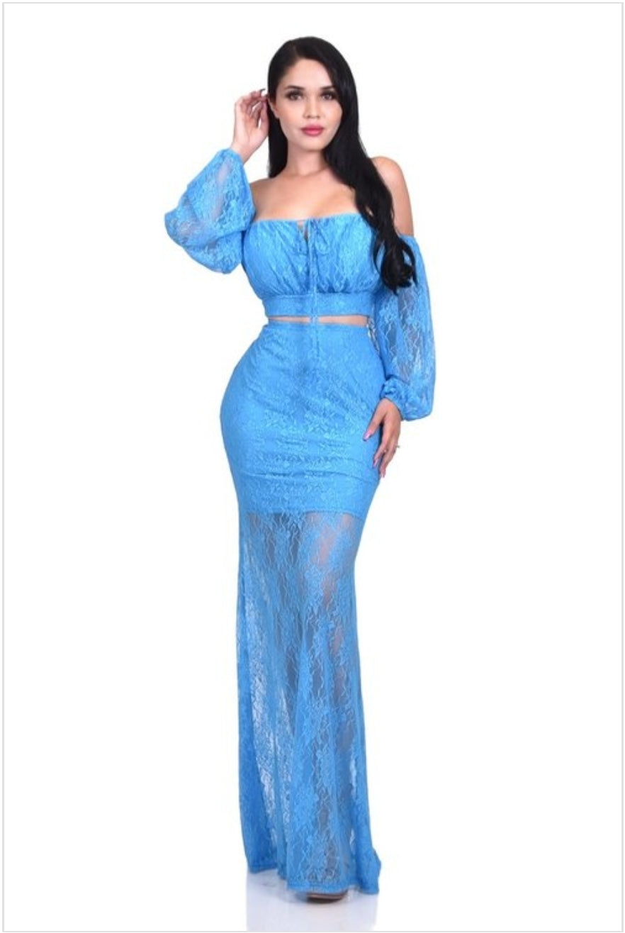 blue 2-piece long skirt & long sleeve cropped top