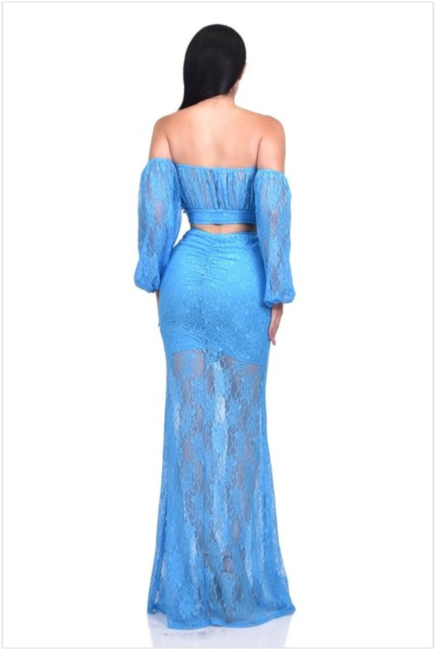 blue 2-piece long skirt & long sleeve cropped top