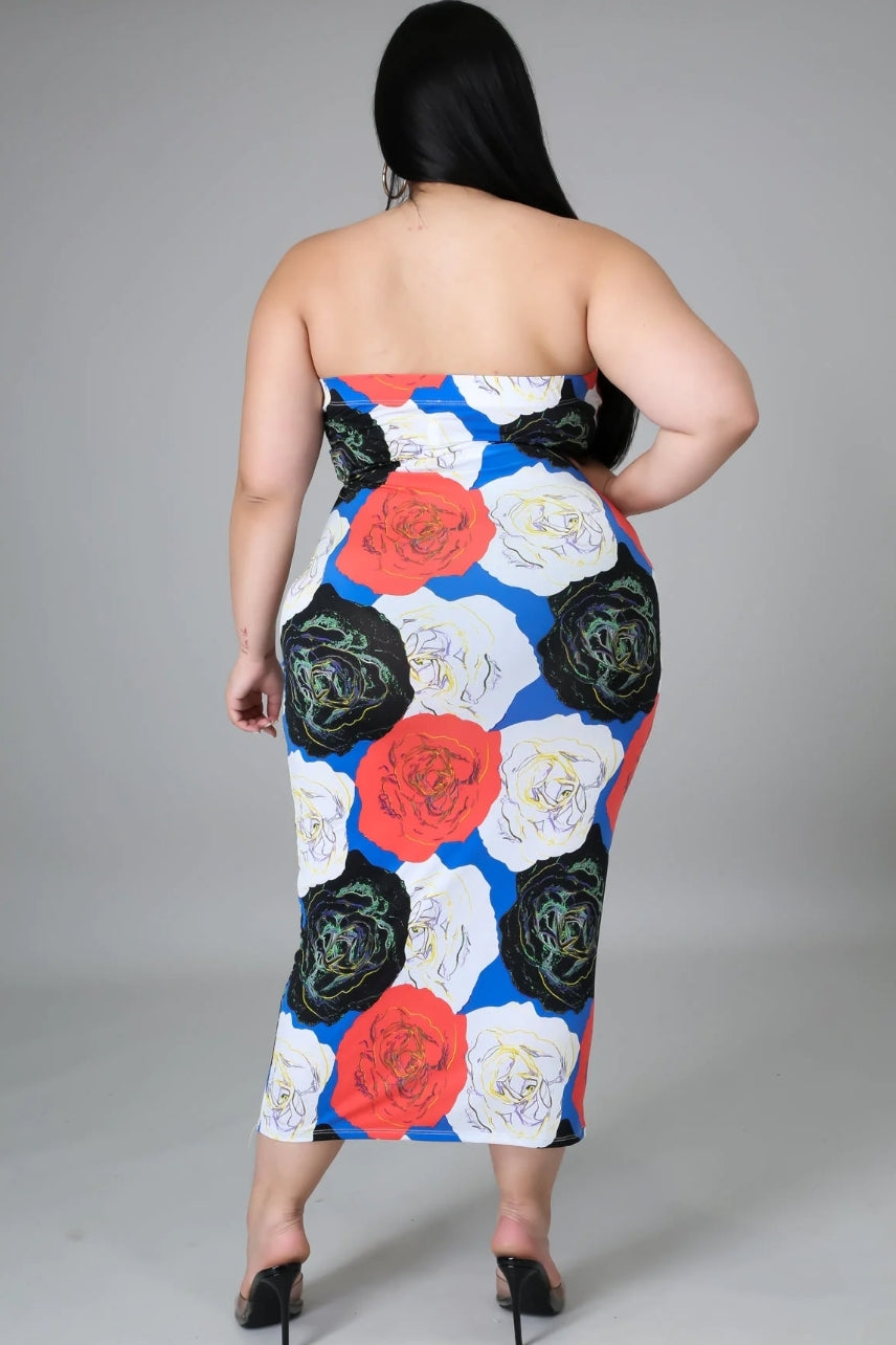 Three Roses Printed Plus Size Tube Dress