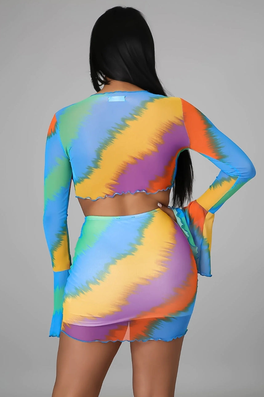 Multicolored Faded Up Mini Skirt & Cropped Top Set