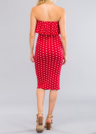 red & white polka dot ruffled tube dress