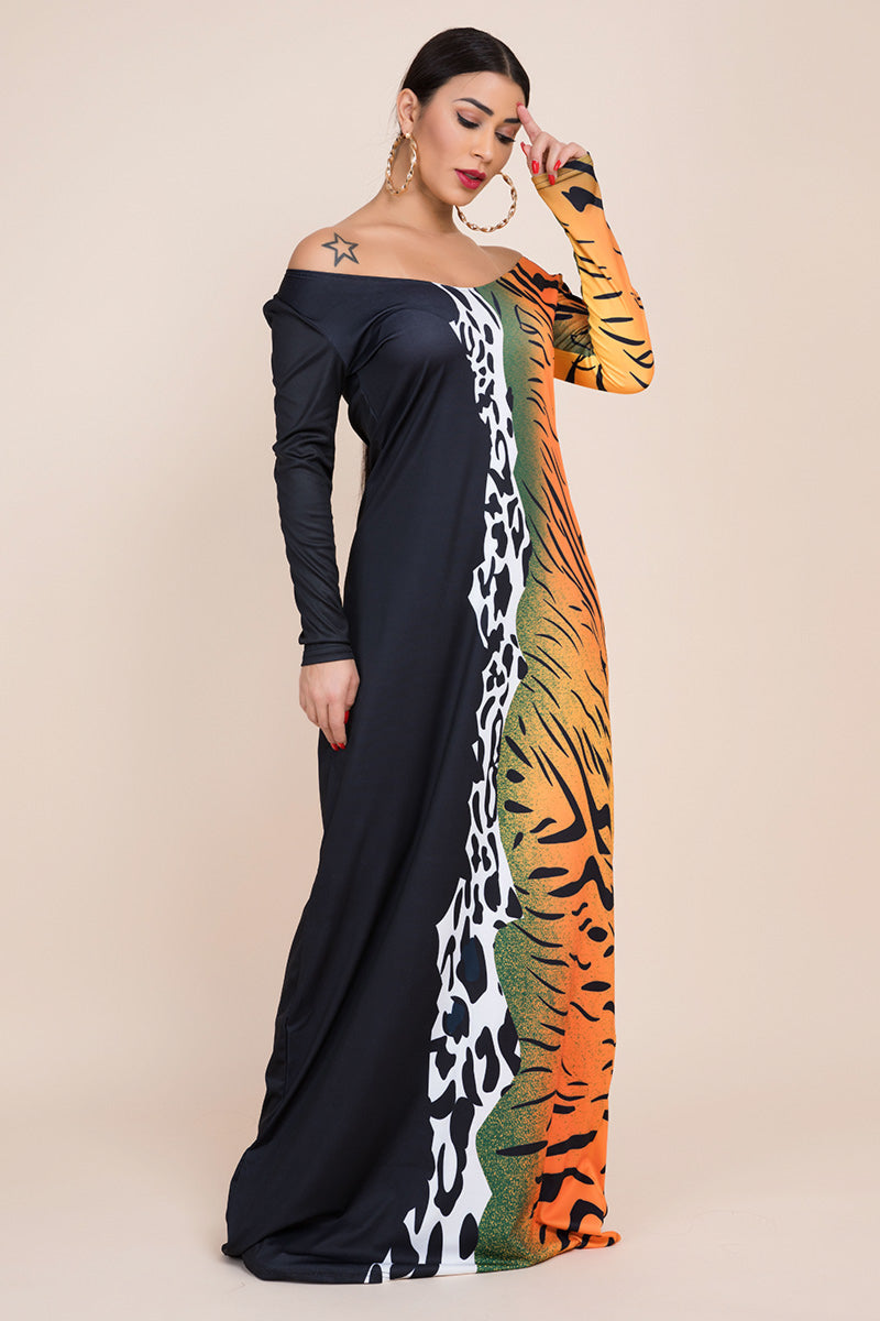 multi animal printed off shoulder maxi dress