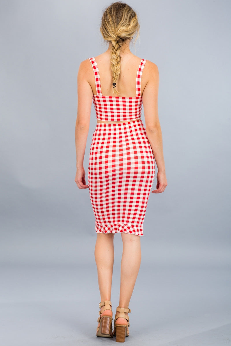 rust colored gingham cropped top & skirt set