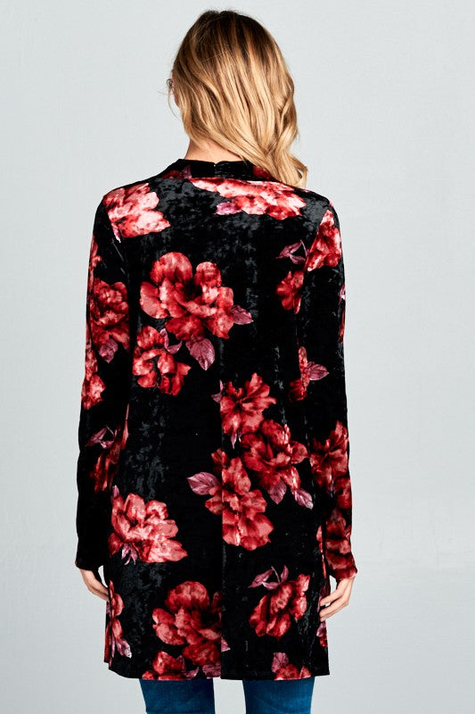 Red & Black Floral Velvet Cardigan
