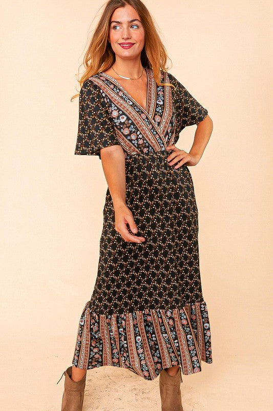 ETHNIC FLORAL BORDER SURPLICE MAXI DRESS – S&E Retail Expo