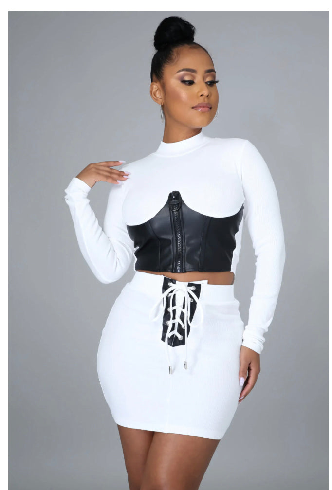 Sexy Part Leather Zippered Mini Skirt Set