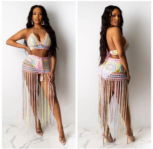 pink multicolor fringe swimwear set