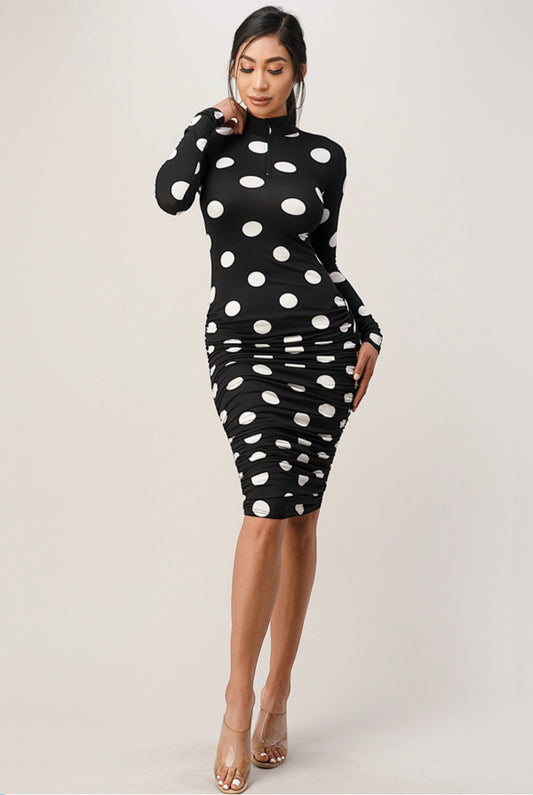 black & white polka dot ruched dress